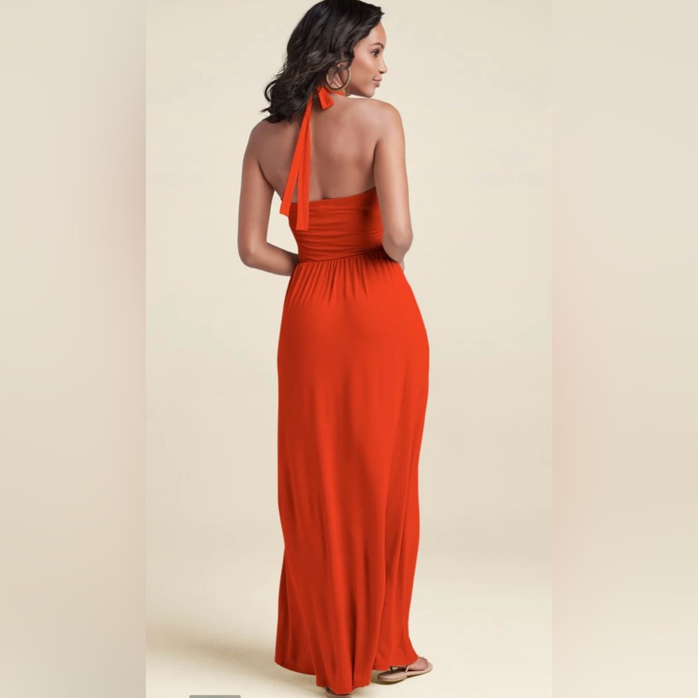 VENUS Bright Tangerine-Colored Halter Maxi Dress w Pockets Ties at Neck Backless - Picture 4 of 14